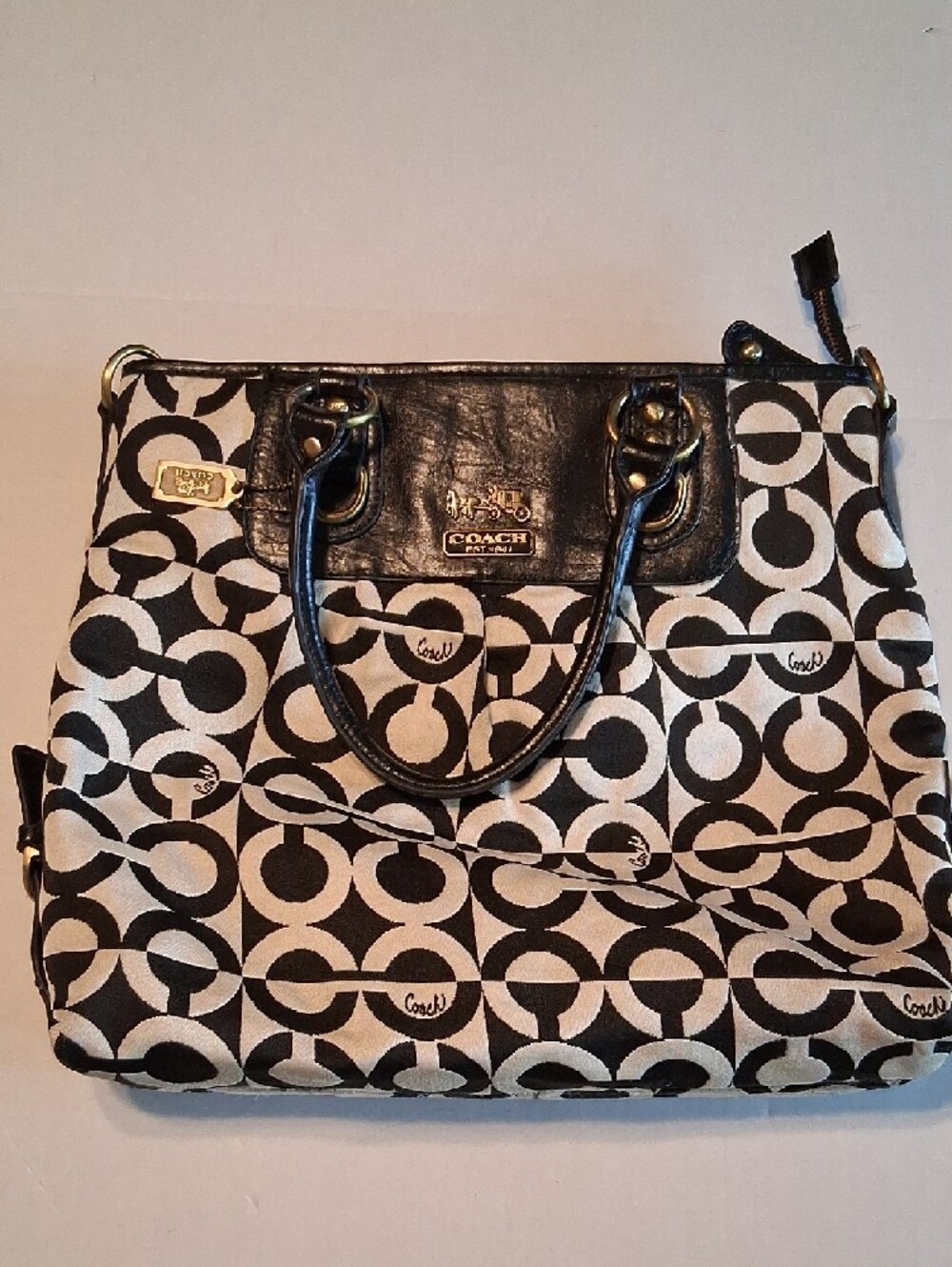Vtg. Coach Black & White Signature Circle Print Tote with Leather Trim